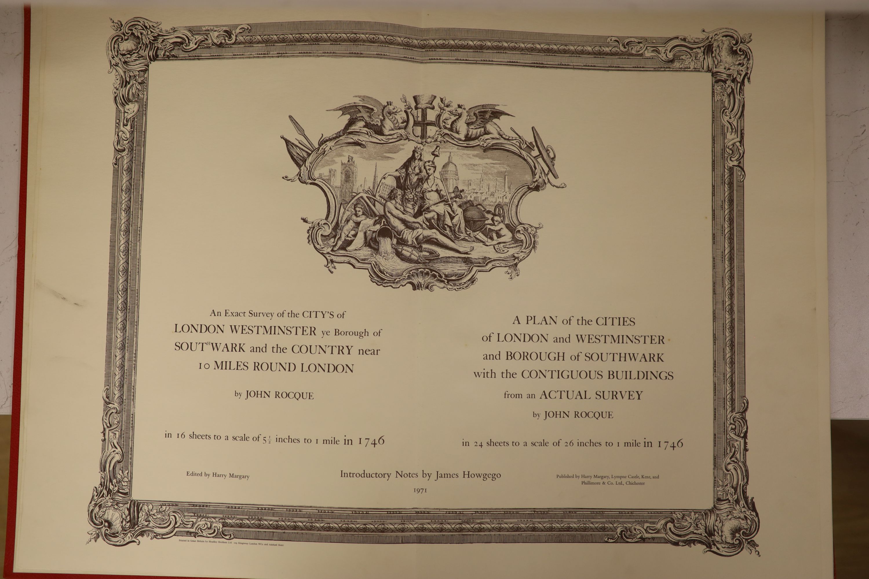 After John Roque - An Exact Survey of the City’s of London, Westminster, Ye Borough of Sout’wark and the Country Near 10 Miles Round London, in 1746, folio, Harry Margery, London, reprinted in 1971